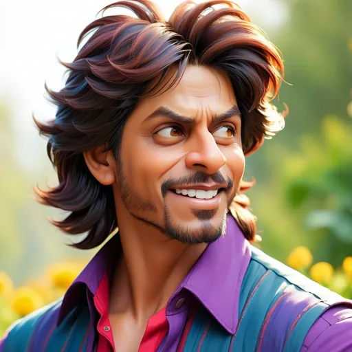 Prompt: Disney style happy Shah rukh khan with full hairs, vibrant colors, sunny morning, white background