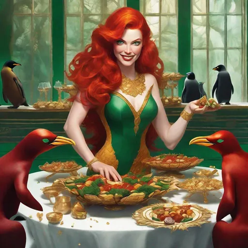Prompt: Envision a mesmerizing henchwoman, her fiery red hair cascading down her back, contrasting against her emerald green eyes. She wears an elegant, form-fitting crimson dress adorned with golden accents, reflecting her unwavering loyalty to the penguin. In this picture, she is seen joyfully arranging a grand feast for the penguin, meticulously placing exotic delicacies on a beautifully decorated table. The room is filled with vibrant colors, as she effortlessly balances her tasks while radiating an air of sophistication.