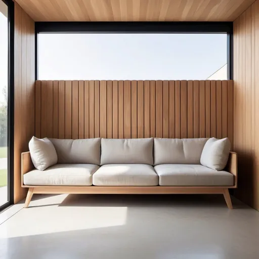 Prompt: Minimalist sofa with wooden facade, simple design, clean lines, light wood material, high quality, minimalistic, sleek, wooden facade, modern, minimal, cozy, comfortable seating, simple and elegant, natural lighting