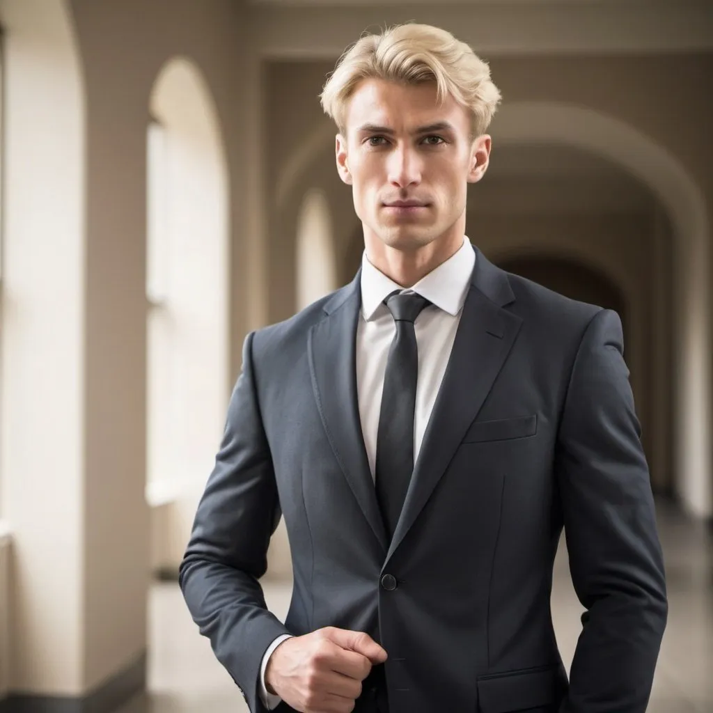 Prompt: Tall university professor with muscular body, wearing suit, Caucasian in their late twenties, with blond hair