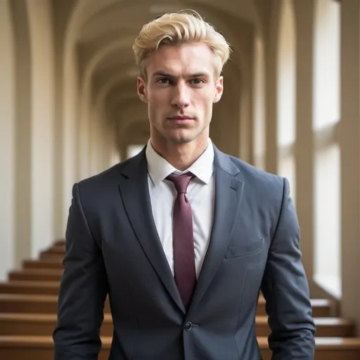 Prompt: Tall university professor with muscular body, wearing suit, Caucasian in their late twenties, with blond hair