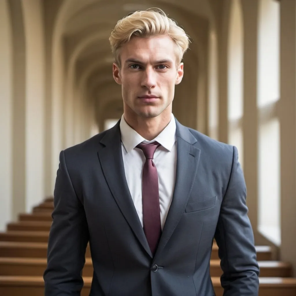 Prompt: Tall university professor with muscular body, wearing suit, Caucasian in their late twenties, with blond hair