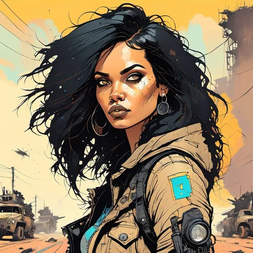 Prompt: Character Design: woman, black hair, glare, tanned skin, post-apocalyptic 
