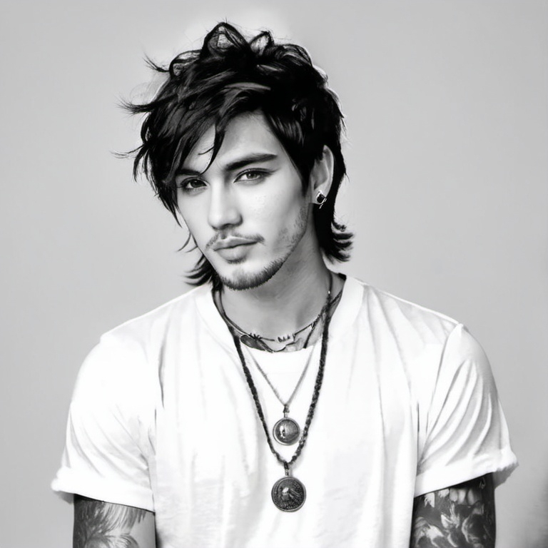 Prompt: Young man, fluffy black hair, tattoos on arms, band shirt, several piercings handsome, a character portrait