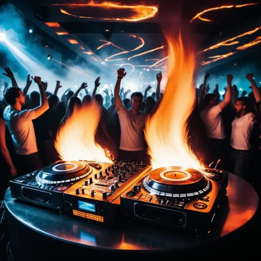 Prompt: Create a exciting picture of some DJ decks which have fire coming from them, in the background it should look like the inside of nightclub with people dancing