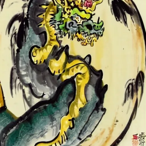 Prompt: Add a green and yellow dragon in the upper right hand corner

