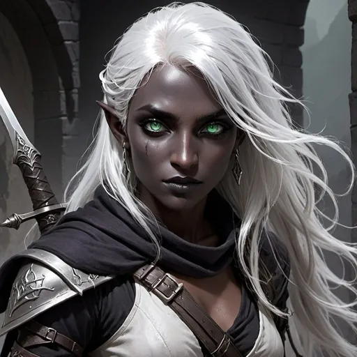 Prompt: A female Drow/elve from the underworld with green eyes, long beatiful white/silver hair and a lightgrey skin tone . is a Assassin and rogue , has some weapons and a Rapier on the back. 