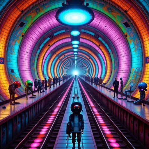 Prompt: Photorealistic picture of the Crystall palace underground subway station in London, several trains leaving on the platforms, robots working; surrealism; vintage sci-fi; h.r. giger; neonlights