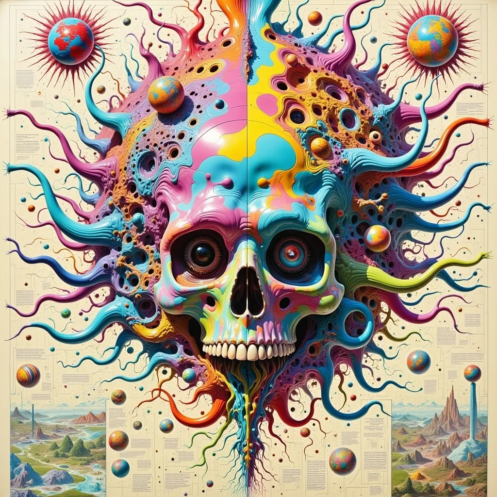 Prompt: diagramm about the the different flowers on other planets, including explanations and memos; diagramm; blueprint; vintage; vintage sci-fi; page of diary; sovjet style; Fallout style; retro; cyberpunk; bright tetradic colours; psychedelic; H.R. Giger stylew