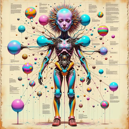 Prompt: Diagram about Robots; including explanations and calculations;  lots of scribbles; blueprint; vintage sci-fi; old sovjet style; biomechanical cyberpunk; dystopian feeling; futurism; pastel colours