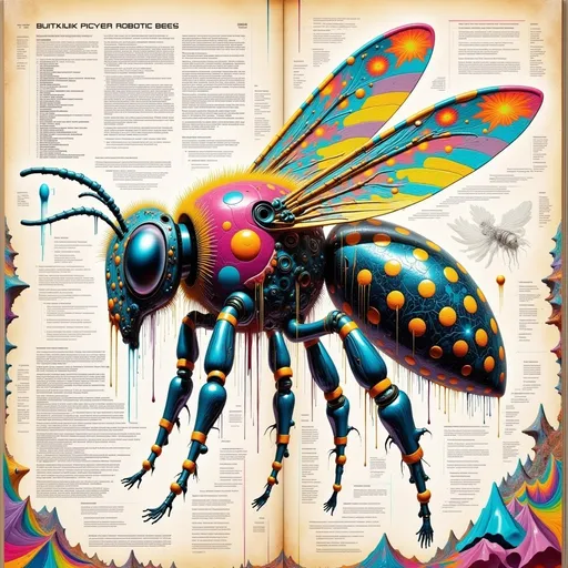Prompt: Diagram about robotic bees; including explanations and notes; lots of scribbles; looks like a page of a school book; vintage sci-fi; sovjet style; biomechanical cyberpunk; biomechanical animals; dystopian feeling; futuristic; neon colours