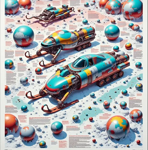 Prompt: :Diagram: Design a diagram for a science book about futuristic snow mobiles; including explanations and calculations; the page has to include a lot of written text; show pictures of different models of futuristic snow mobiles; sovjet style; biomechanical cyberpunk; dystopia; use different shades of red, green and blue as main colours and add a lot of very strong aluminum foil effects; make it look like a chart for school