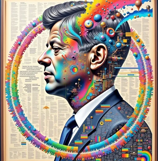 Prompt: :Diagram: Design a page for a science book about John F. Kennedy; include explanations and calculations; the page has to include a lot of written text; show pictures of John F. Kennedy; sovjet style; biomechanical cyberpunk; dystopia; use bright rainbow colours and add a lot of very strong aluminum foil effects; make it look like a chart for school