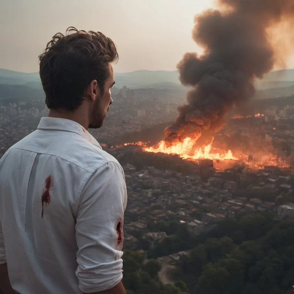 Prompt: A man standing on the right of the screen clutching his side on top of a mountain looking at a city on fire and in ruins. The man is wearing a bloody white shirt. 4k. 8k. HD. The man is hurt. The man is on the right side of the screen. The man is on the right side of the screen. The camera is to the left of the man. And the man is looking near the screen. The camera is looking at the city while the man is located on the bottom right of the picture. The man is hurt on the screen. Zombies every where.