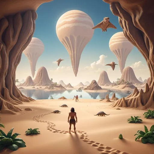 Prompt: A caveman standing on a mountain, looking towards floating islands made of sand with dinosaurs on them. Realistic, picture 