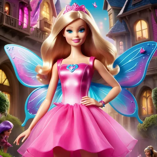 Prompt: a stunning sci-fi movie poster titled "Barbie A fairy secret live-action", Magical world of fairies of s girl with blonde hair, with blue eyes with pink dress with magic pink shoes