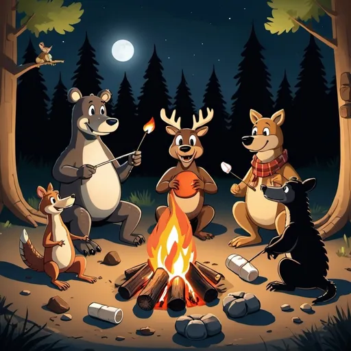 Prompt: An alligator, a black bear, a deer, a turkey, and a coyote are roasting marshmallows around a campfire at night.