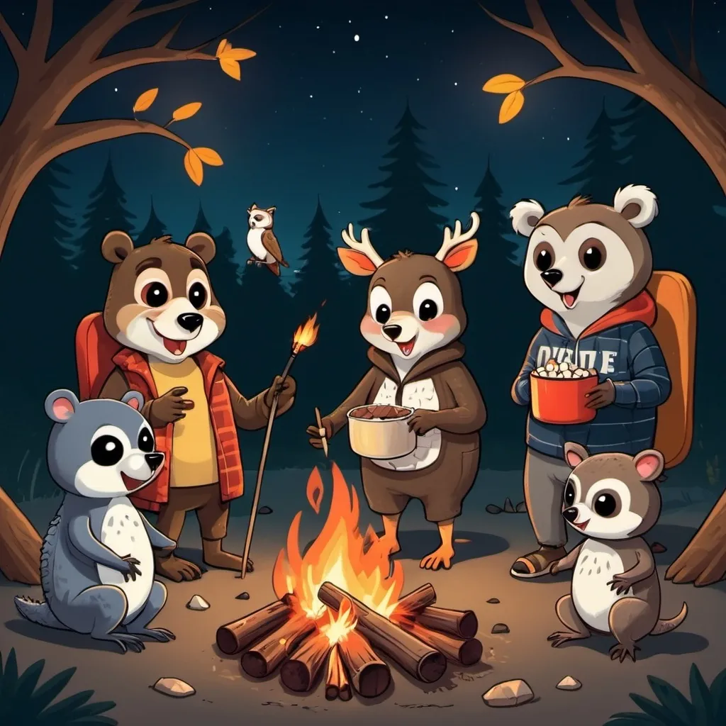 Prompt: An aligator, a deer, an owl, a bear, and a opossum roast marshmallows around a campfire at night.