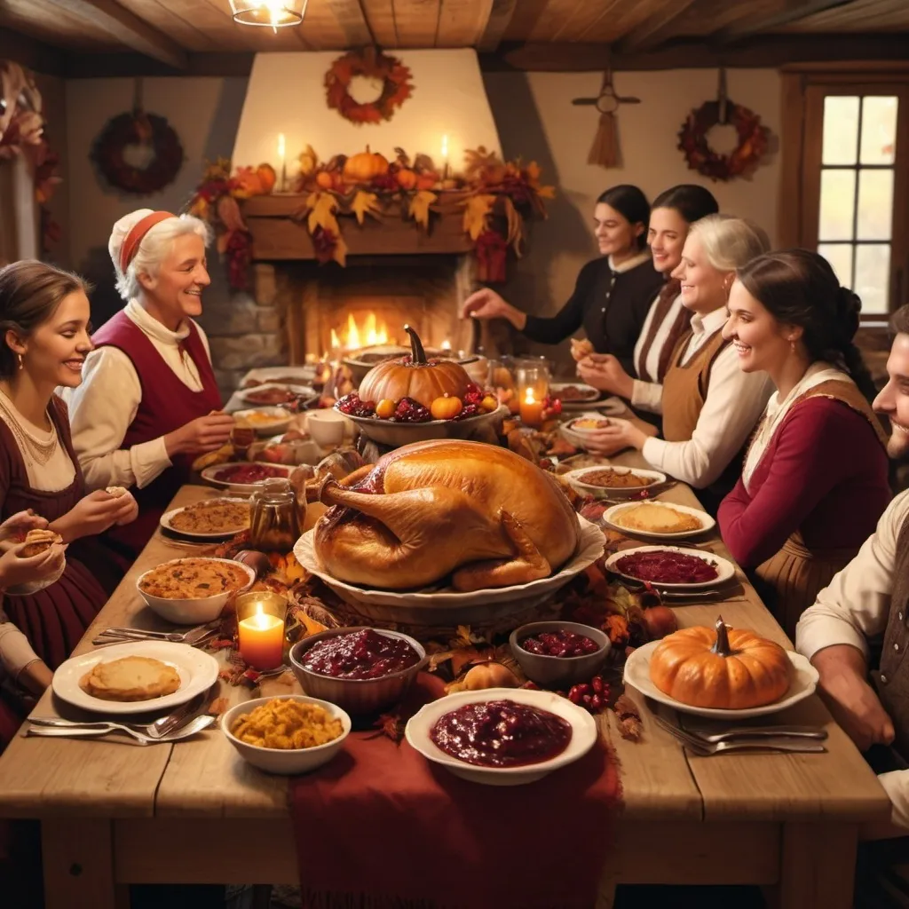 Prompt: Pilgrims eat a Thanksgiving feast