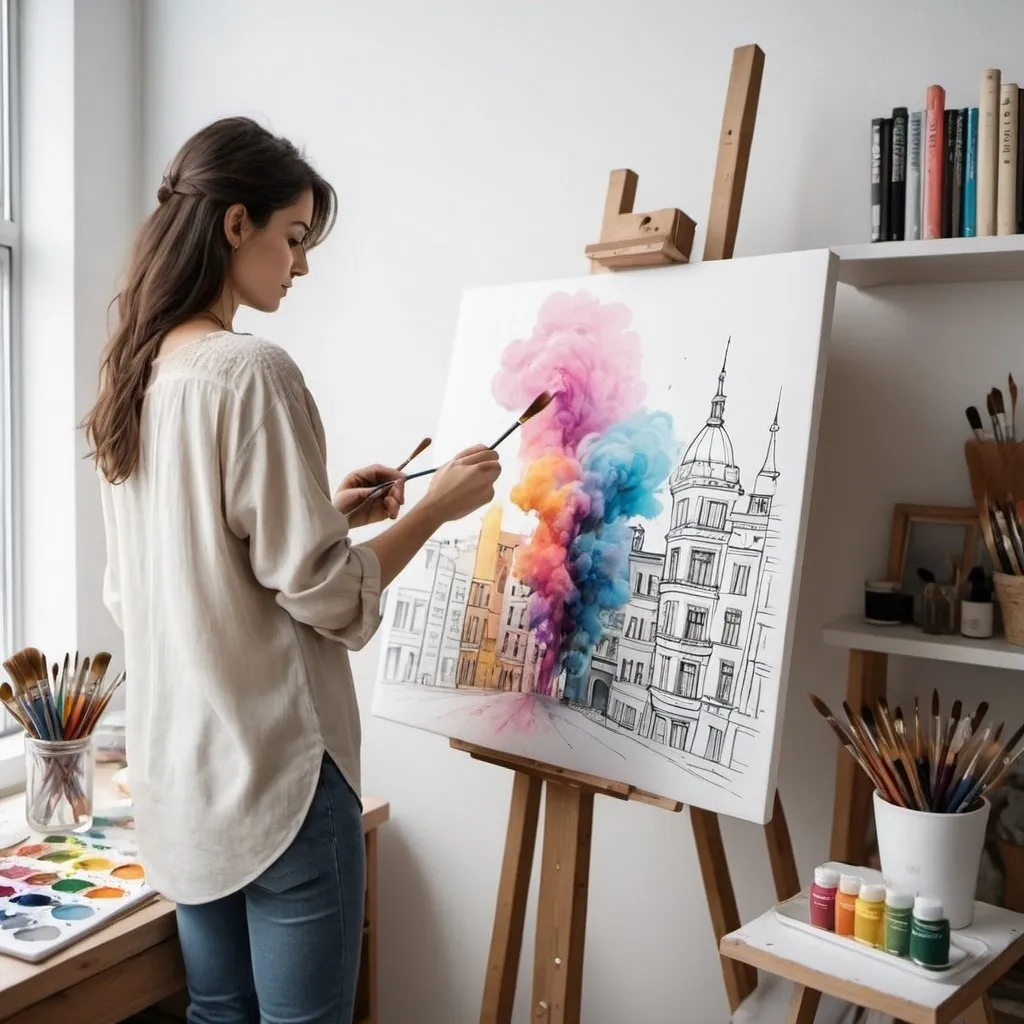 Prompt: Image creator to color artist painting in a studio apartment