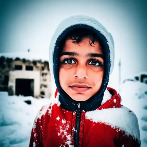Prompt: A needy tunisian boy in  a snowy place add a tunisan flag
