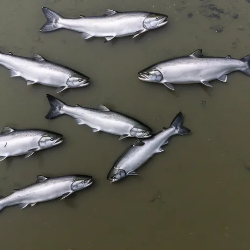 Prompt: Multiple Salmon in a river