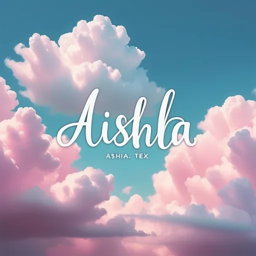 Prompt: (accurately spelled text "Aisha"), whimsical typography, soft (pink) and (blue) clouds, dreamy atmosphere, vibrant hues blending harmoniously, gentle, serene sky backdrop, romantic vibe, emphasizing the calming effect of pastel colors, light and fluffy cloud textures, high-definition image quality, soothing overall appearance, perfect for a whimsical art piece.