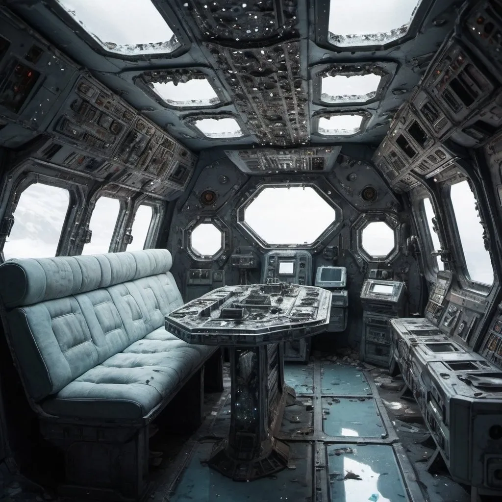 Prompt: abandoned spaceship interior with crystal encrusted crewmate