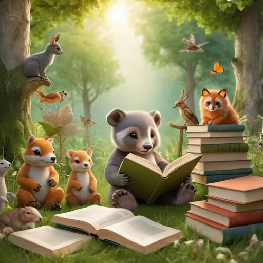 Prompt: (vibrant scene) various animals, (delightful human baby), multiple books, tall trees, lush green backgrounds, whimsical atmosphere, playful interactions, soft sunlight filtering through leaves, enchanting meadow, delightful arrangement of items, super detailed texture, warm colors, joyful and inviting vibe, extremely high quality, ultra-detailed, imaginative composition.