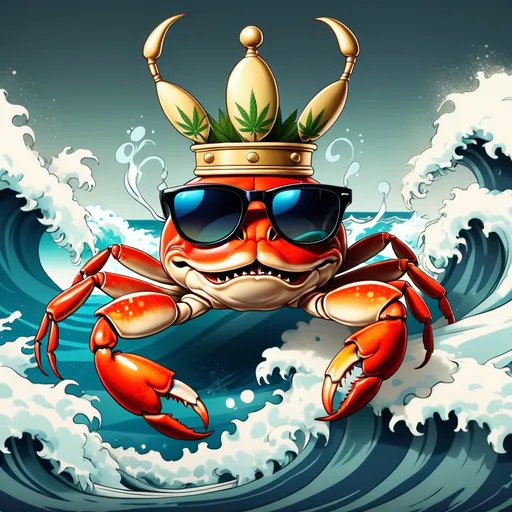 Prompt: a crab with a crown and sunglasses on it's head and a joint in its mouth, with smoke coming out of its mouth, Japanese art, splash art, concept art with a ocean wave backround cannabis 