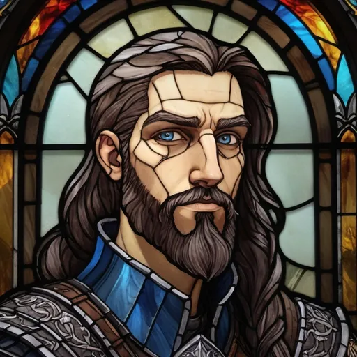 Prompt: Duncan of the Grey Warden long dark pigtail hair, dark beard