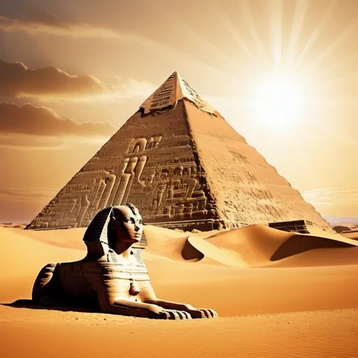 Prompt: Ancient Egyptian pyramid under golden sunlight, intricate hieroglyphics, majestic sphinx with weathered stone texture, sand dunes in the background, high quality, realistic, ancient Egyptian, warm earth tones, dramatic lighting
