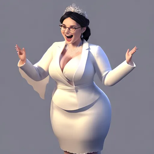 Prompt: 3D render, happy curvy bride, pear body shape, stunning white blazer dress, civil wedding, high quality, 3D render, detailed features, joyful expression, professional 3D rendering, elegant design, wedding attire, romantic lighting, celebratory mood, full body image 