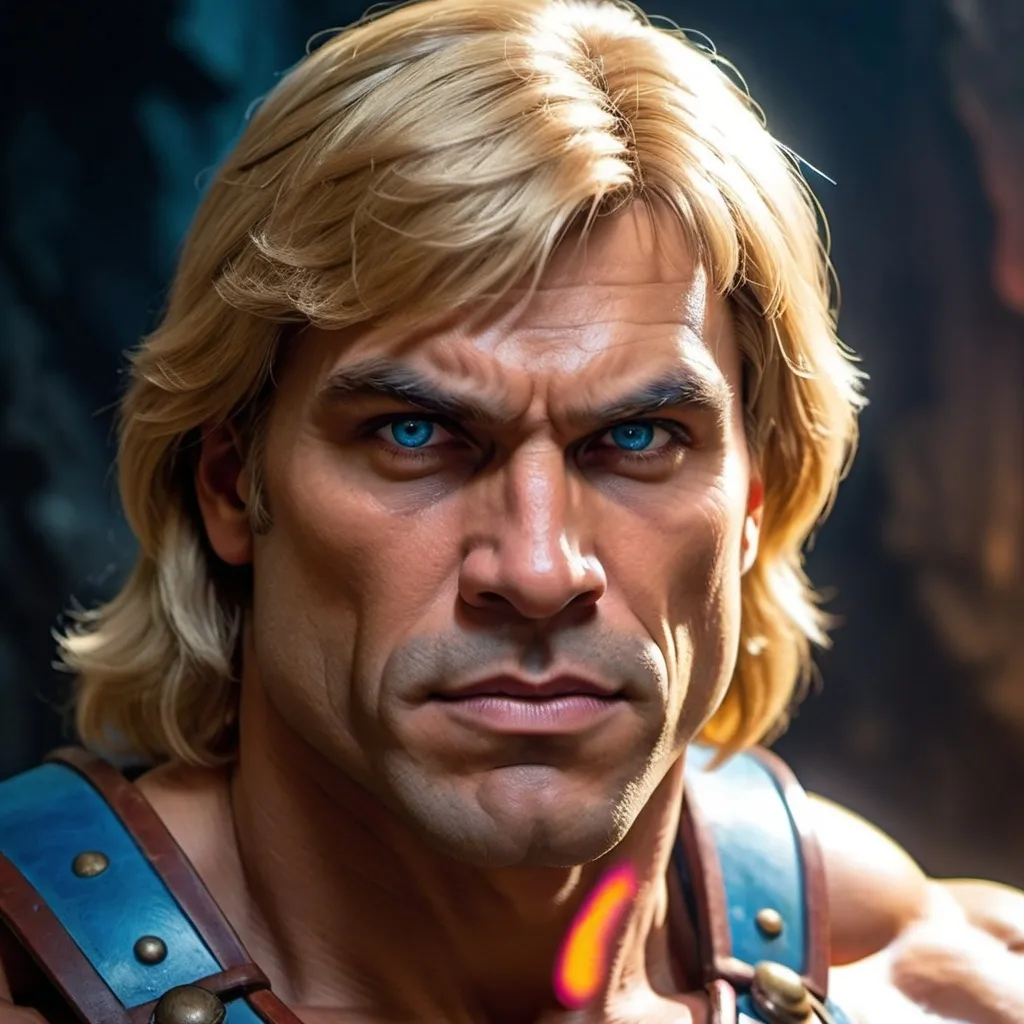 Prompt: create man face real based on personage He-man