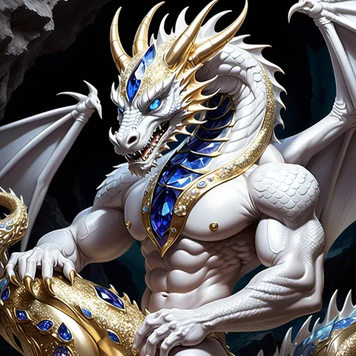 Prompt: Drawing a full dragon The male's body is muscular. The body is large but not as long as a Chinese dragon. Silver European style, gold glitter, blue eyes, white nails, European style structure. And he himself is guarding treasures, money, gems, and precious European-style jewelry. In the Alexandrite cave