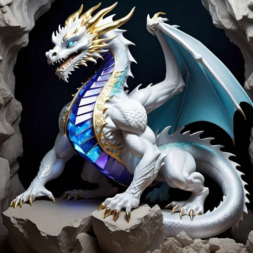 Prompt: Drawing a full dragon The male's body is muscular. The body is large but not as long as a Chinese dragon. Silver European style, gold glitter, blue eyes, white nails, European style structure. And he himself is guarding treasures, money, gems, and precious European-style jewelry. In the Alexandrite cave