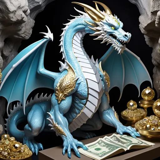 Prompt: Drawing a full dragon The male's body is muscular. The body is large but not as long as a Chinese dragon. Silver European style, gold glitter, blue eyes, white nails, European style structure. And he himself is guarding treasures, money, gems, and precious European-style jewelry. In the Alexandrite cave