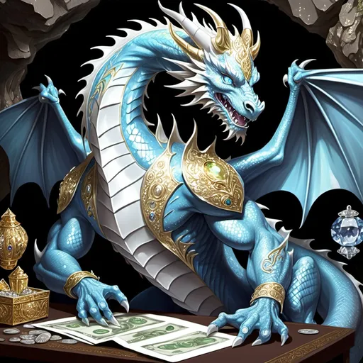 Prompt: Drawing a full dragon The male's body is muscular. The body is large but not as long as a Chinese dragon. Silver European style, gold glitter, blue eyes, white nails, European style structure. And he himself is guarding treasures, money, gems, and precious European-style jewelry. In the Alexandrite cave