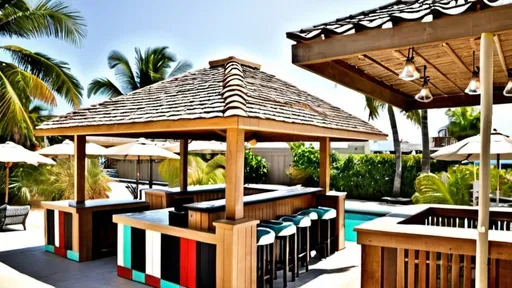 Prompt: Similar beach cabana bar with square roof tile and round seating design