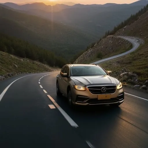 Prompt: Image of a car driving on a winding mountain road surrounded by the warm setting sun 
