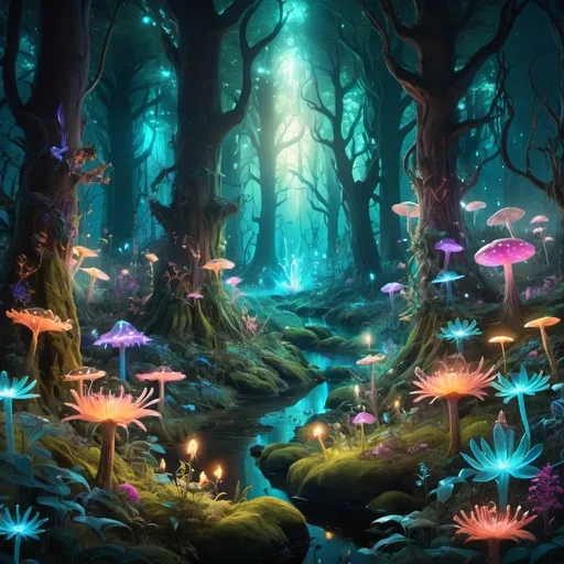 Prompt: "A vibrant forest scene with bioluminescent plants and glowing flowers, inhabited by mythical creatures like fairies and unicorns, blending elements of fantasy and nature."