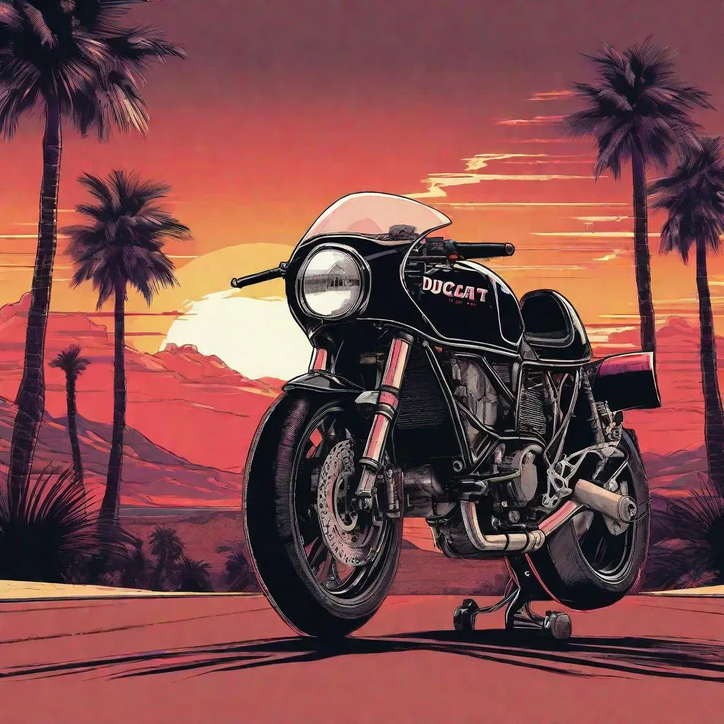 Prompt: Illustrated T-shirt design of realist and accurate ducati cafe racer motorcycle, down a highway with palm trees on the side of the road, retro art, synthwave, desert view in the background, highly detailed, for t-shirts graphic, not a square shape, grand prix racing, black background behind art, t-shirt design, background of the whole image to have space from the subject and background, transparent background to whole image, background image able to delete without disturbing the image and no black that would be deleted in the image
