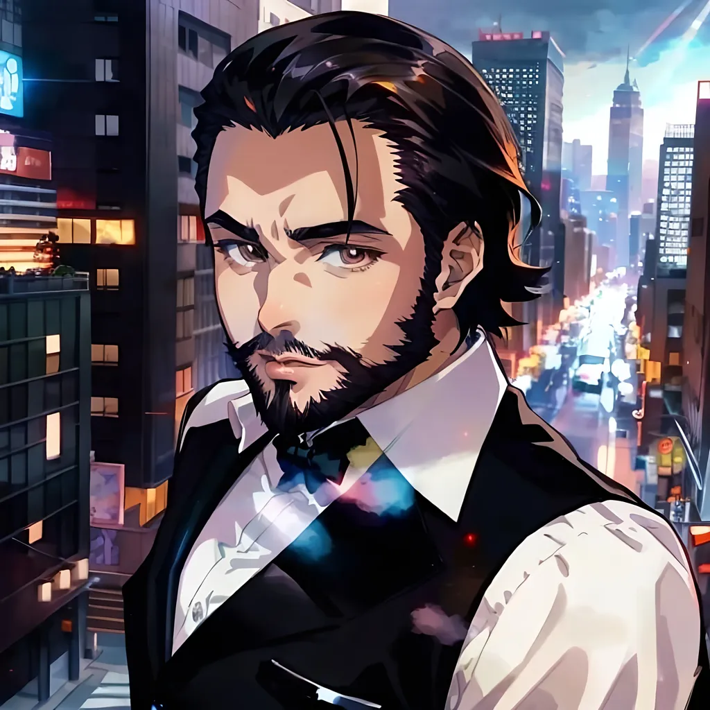 Prompt: Handsome man, whimsical,anime art, , high quality, black hair ,elegant clothes, dark brown eyes , dynamic lighting , trimmed beard ,  ,cityscape on background ,