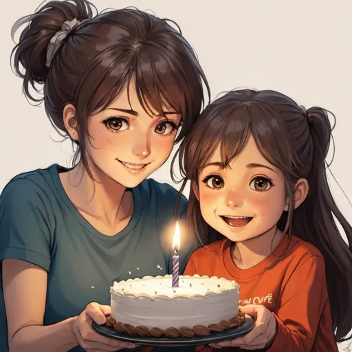 Prompt: dibujo tipo anime con Mujer con un hijo 20 años  y una hija 18 años que sea su Dia D de Cumpleaños, de libertad recompensas de esfuerzo. un letrero que diga " Feliz Día D de Cumpleaños"