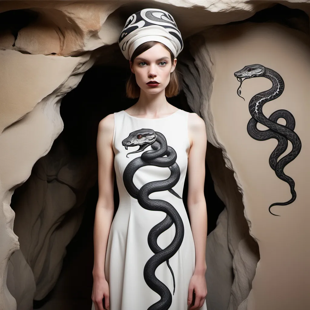 Prompt: a series of photos of a woman in a dress with a snake on it's head and a snake on her head, Fiona Rae, modern european ink painting, art nouveau fashion embroidered, a cave painting