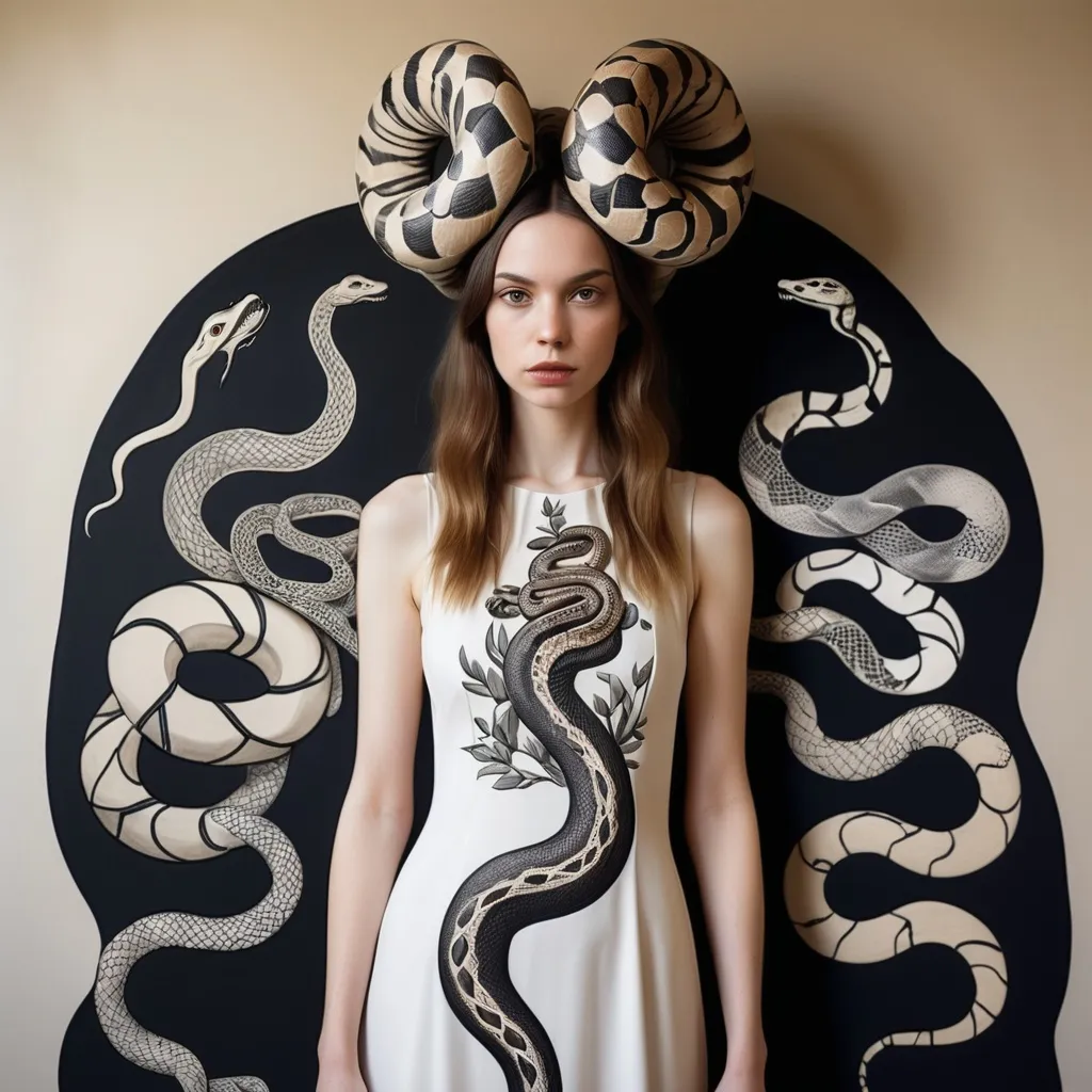 Prompt: a series of photos of a woman in a dress with a snake on it's head and a snake on her head, Fiona Rae, modern european ink painting, art nouveau fashion embroidered, a cave painting