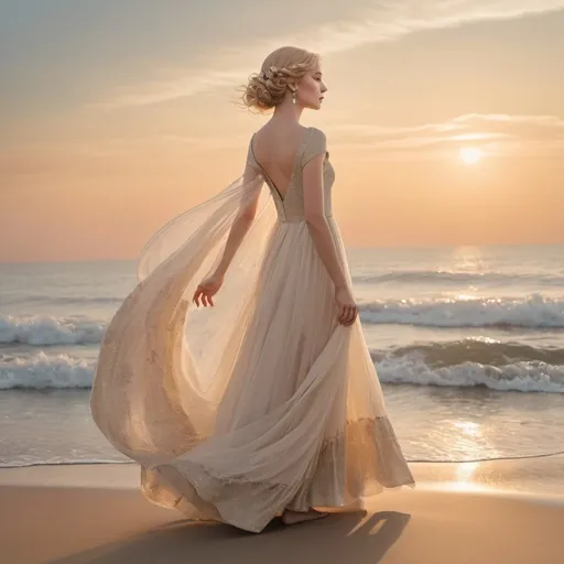 Prompt: Compose an image capturing the ethereal beauty of a woman adorned in a delicate and exquisite dress, gracefully standing on the sun-kissed sands of a tranquil beach. Emphasize the flowing elegance of her dress, which complements the natural beauty of the seaside setting without appearing ostentatious. Pay meticulous attention to the woman's poise and expression, evoking a sense of serenity and sophistication as she gazes out at the horizon. Utilize soft, natural lighting to enhance the warm tones of her complexion and the subtle highlights of her Chanel-inspired blonde hair, creating a captivating image of timeless elegance and seaside glamour.