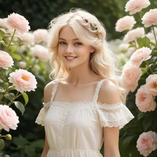 Prompt: I want an image of a beautiful woman with blonde Chanel-style hair, falling softly around her shoulders. She is wearing a pretty summer dress that is casual yet elegant, in light colors, perhaps in shades of white or pastel. The dress is light, with a flowing fit and delicate details like lace or small floral patterns, but it is not overly fancy. The woman is standing in a sunny garden with flowers in the background, conveying a sense of joy and serenity. She has a gentle smile, with a friendly and confident expression. The surroundings are vibrant, with colorful flowers and soft lighting that enhances the beauty of the scene. The artistic style should be realistic, capturing the essence of summer and the natural beauty of the woman.