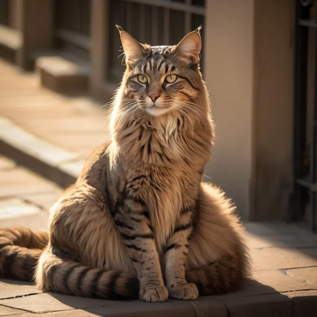 Prompt: Compose an image capturing the enchanting beauty of a majestic cat sitting regally on a sunlit sidewalk. Emphasize the luxurious texture of its fur, showcasing its glossy coat as it catches the light. Pay attention to the cat's graceful posture and expressive eyes, conveying a sense of elegance and confidence. Utilize the surrounding urban environment to add depth to the composition, with soft shadows and subtle reflections enhancing the overall aesthetic. Aim to capture the timeless allure of this feline beauty in a moment of tranquil repose