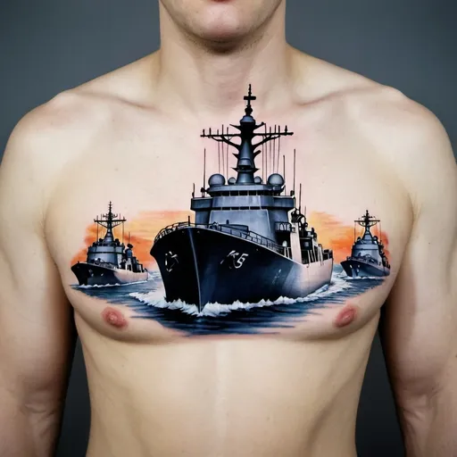 Prompt: Modern Navy ship leading other ships in a fleet. Tattoo